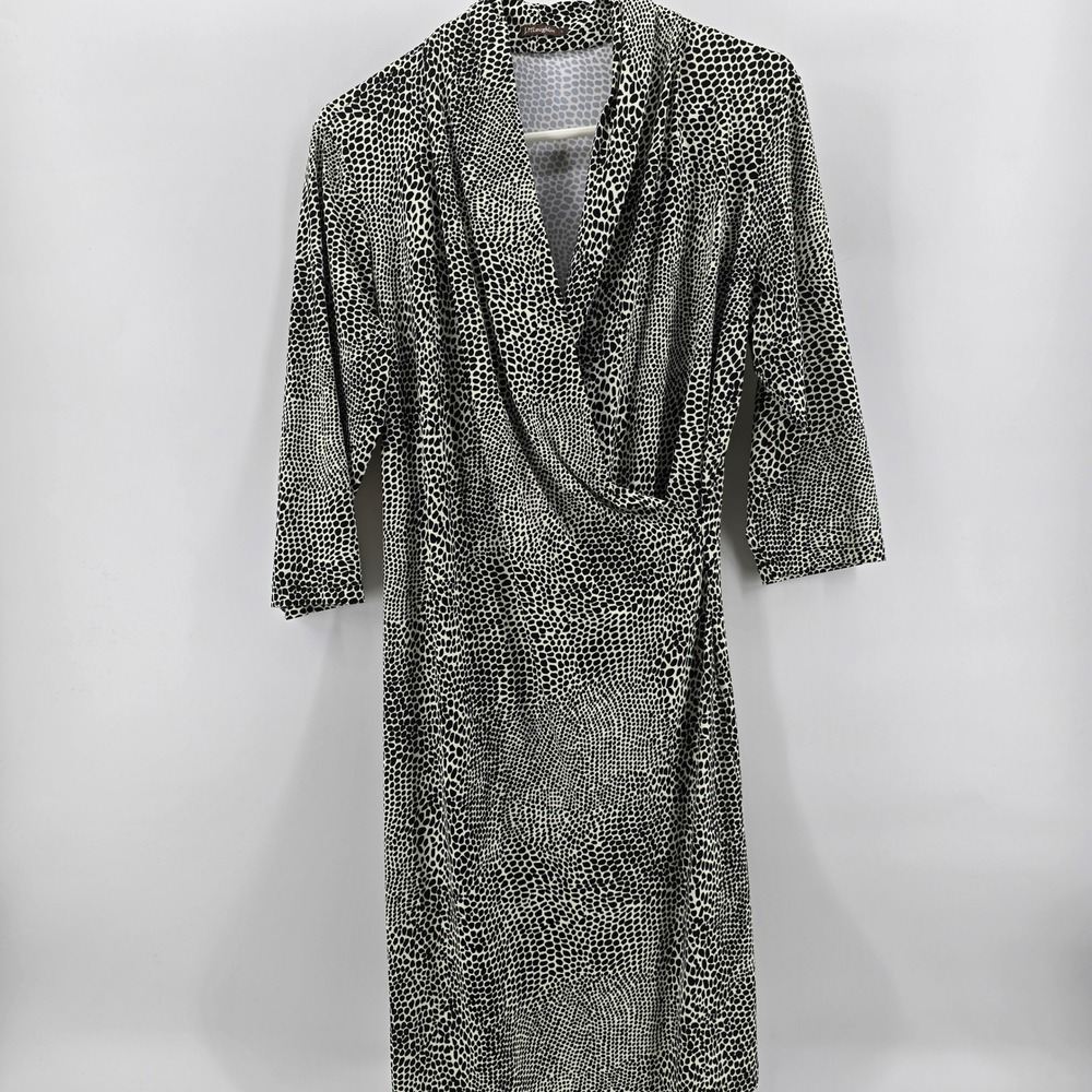 J.McLaughlin Faux Wrap Dress Womens Animal Spot Print Black Ivory Large